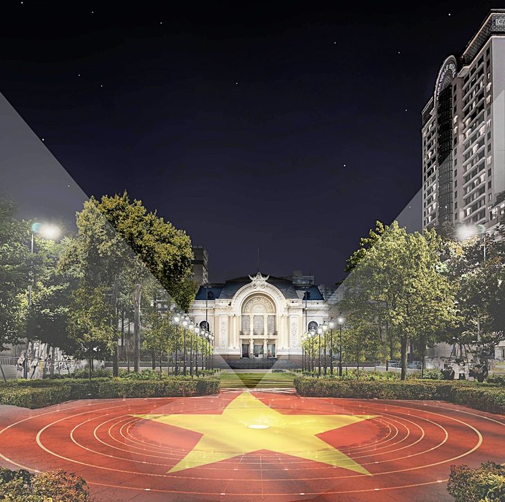 Phối cảnh biểu tượng sóng nước được trình chiếu công nghệ 3D mapping về đêm của tác giả đoạt giải nhất Bùi Minh Châu - Ảnh: NVCC