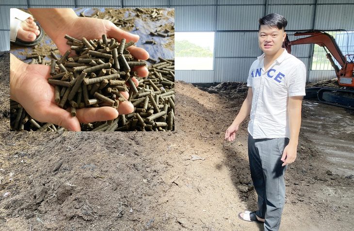 Nguyễn Hà Thiên trong xưởng chế biến lông gà thành phân bón của mình ở quê nhà và phân bón viên nén khi thành phẩm - Ảnh: B.D.